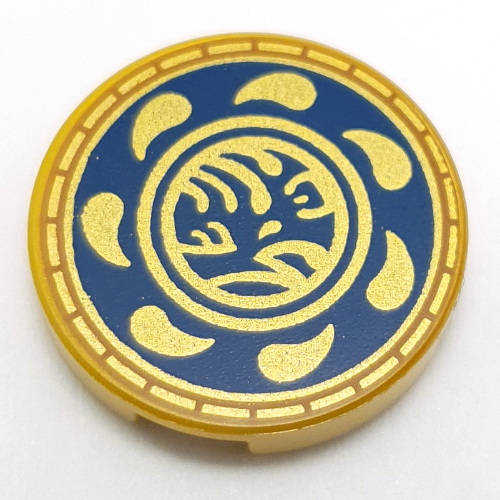 Tile Round 2 x 2 with Gold Asian Symbol, Decorations on Dark Blue Background Print (Pearl Gold)