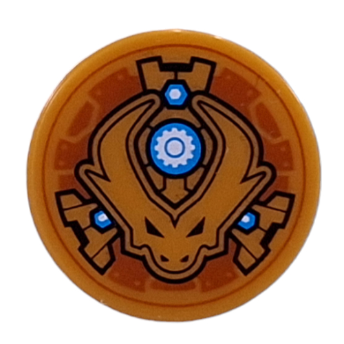 Tile Round 2 x 2 with Dragon Head, White Gear in Dark Azure Circle Print (Pearl Gold)