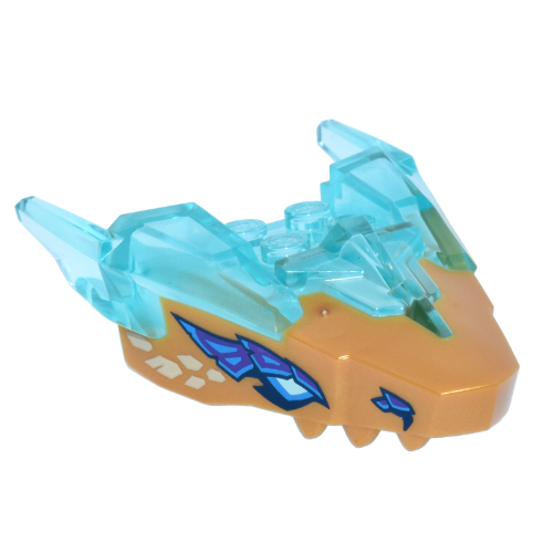 Creature Body Part, Dragon Head with Trans-Light Blue Horns Pattern with Dark Azure/Dark Blue/Light Aqua Eyes, Dark Purple Scales Print (Pearl Gold)