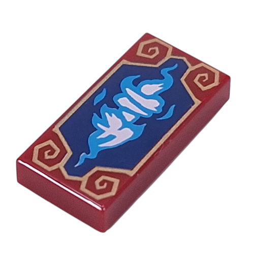 Tile 1 x 2 with White/Blue Dragon Shape on Dark Blue Background, Gold Decorations Print (Dark Red)