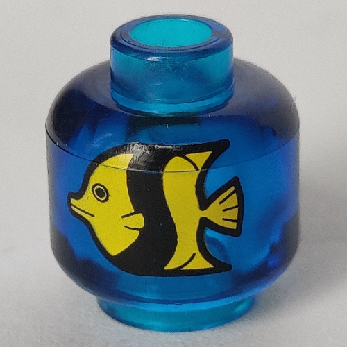 Minifig Head (No Face), Yellow and Black Fish Print [Blocked Open Stud] (Trans-Dark Blue)