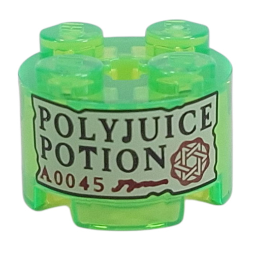 Brick Round 2 x 2 with Tan Label, 'POLYJUICE POTION' Print (Trans-Bright Green)