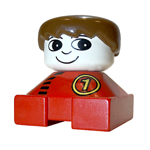Duplo 2 x 2 x 2 Figure Brick, Spiky Bangs, Brown Hair, White Head, Yellow '1' in Circle, Black Zipper Print (Red)