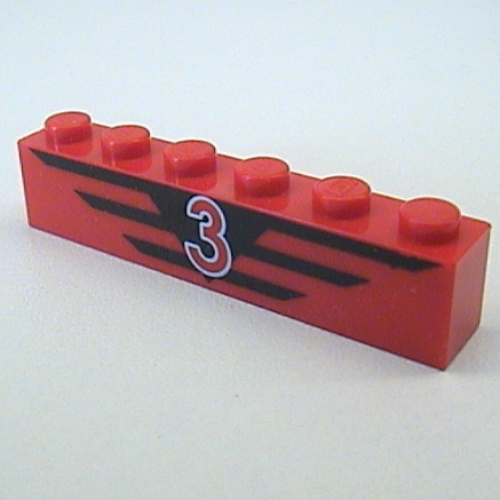 Brick 1 x 6 with Red '3', Black Stripes Print (Red)
