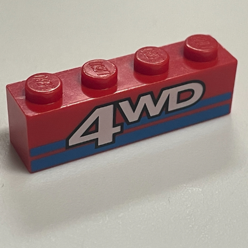 Brick 1 x 4 with '4WD' and Blue Stripes Print (Red)