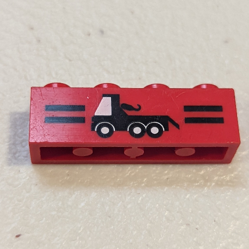 Brick 1 x 4 with Black Stripes and Tow Truck Print (Red)