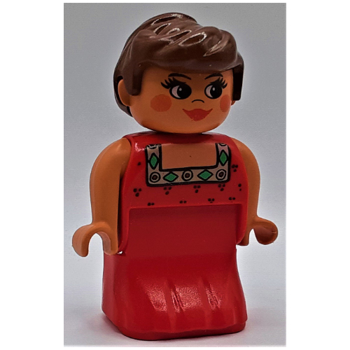 Duplo Figure, Early, Dress Red, Green and Gold Collar, Brown Hair, Red Lipstick and Cheeks Print (Actress) (Red)