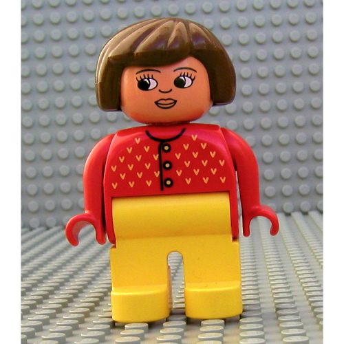 Duplo Figure, Early, Hair Bob Brown, Yellow Legs, Yellow 'V's, and Nose Pointing Down Print (Red)