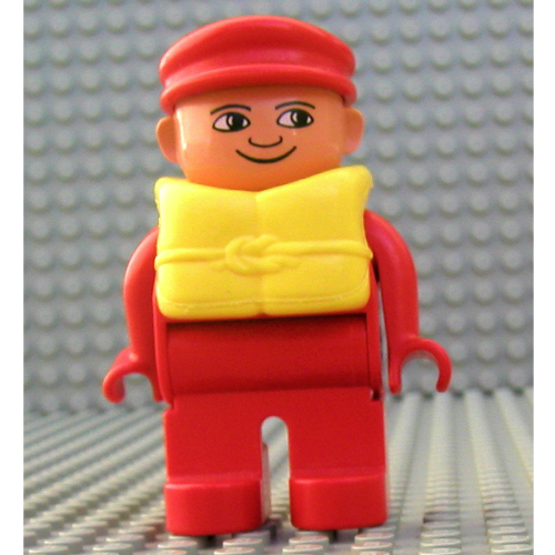 Duplo Figure, Early, with Flat Cap Red, Red Legs, Yellow Life Jacket (Red)