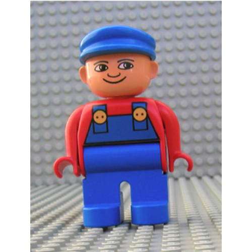 Duplo Figure, Early, with Flat Cap Blue, Blue Legs, Blue Overalls, Turned Down Nose Print (Red)