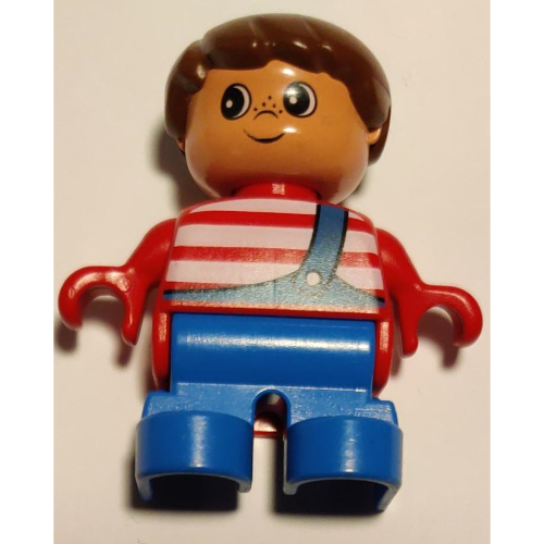 Duplo Figure, Early Child, Hair Swept Left Brown, Blue Legs, White Stripes and Blue Overalls with One Strap Print (Red)