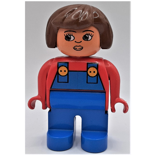 Duplo Figure, Early, Hair Bob Brown, Blue Legs, Blue Overalls, Turned Down Nose Print (Red)