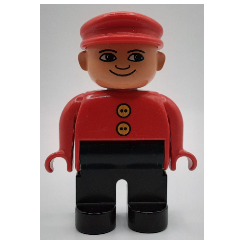 Duplo Figure, Early, with Flat Cap Red, Black Legs, 2 Yellow Buttons, White Eyes Print (Red)