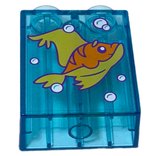Duplo Brick 1 x 2 x 2 with Yellow/Orange Fish Print (Trans-Light Blue)