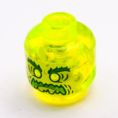 Minifig Head Ghost, Yellowish Green Face, Bushy Eyebrows, Angry, Flames in Back (Trans-Neon Green)