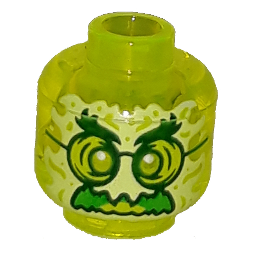 Minifig Head Ghost, with Yellowish Green Face, Bushy Eyebrows, Glasses, Angry and Flames in Back Print (Trans-Neon Green)