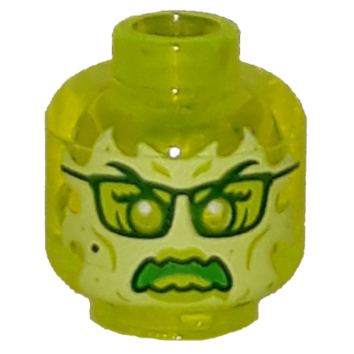 Minifig Head Ghost, with Yellowish Green Face, Glasses, Angry and Flames in Back Print (Trans-Neon Green)