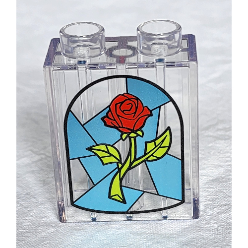 Duplo Brick 1 x 2 x 2 with Glass Stained Window, Rose Print (Trans-Clear)