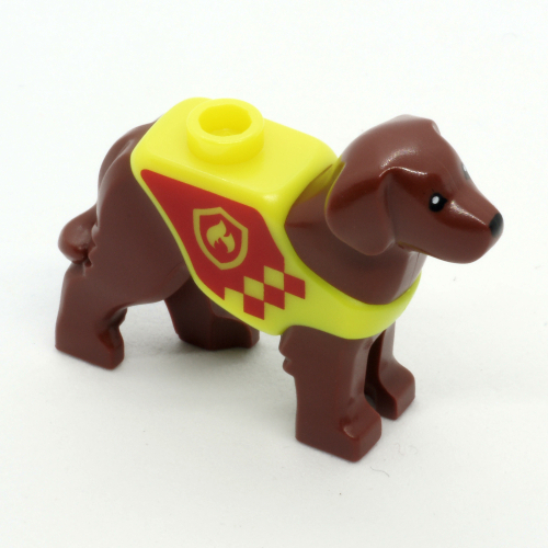 Animal, Dog, Standing with Yellow Vest, Red Fire Fighters Print (Reddish Brown)