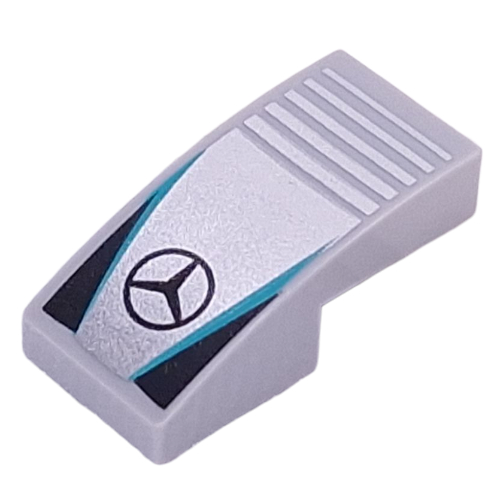 Brick Curved 2 x 1 No Studs with Mercedes Symbol, Dark Turquoise Lines, Black Triangles Print (Light Bluish Gray)