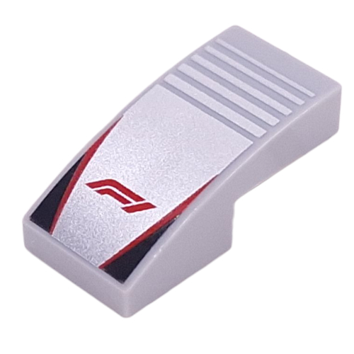 Brick Curved 2 x 1 No Studs with Red 'F1', Red Lines, Black Triangles on Silver Striped Background Print (Light Bluish Gray)