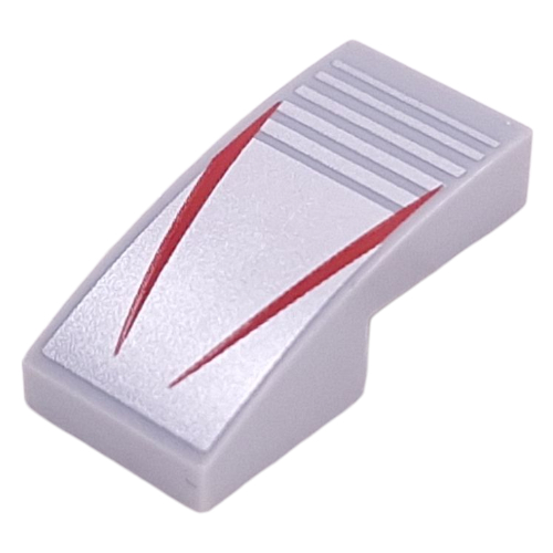 Brick Curved 2 x 1 No Studs with Red Stripes on Silver Striped Background Print (Light Bluish Gray)