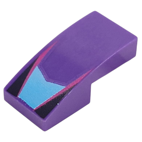 Brick Curved 2 x 1 No Studs with Medium Azure Shape, Magenta Lines, Black Triangles Print (Dark Purple)