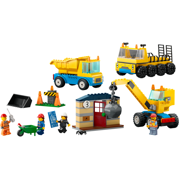 Construction Trucks and Wrecking Ball Crane