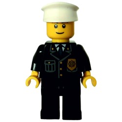 Policeman, Black Jacket with Pocket and Badge, White Hat, Smile, Brown Eyebrows