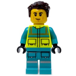 Paramedic, Vibrant Yellow Safety Vest, Dark Turquoise Legs, Dark Brown Hair