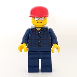 Man, Dark Blue Plaid Shirt, Dark Blue Legs, Red Cap, Silver Sunglasses