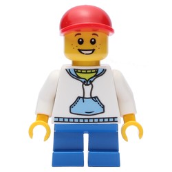 Boy, White and Blue Hoodie, Short Blue Legs, Red Cap