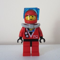 Diver, Man, Red Wetsuit, Red Helmet with Mask, Airtank, Stubble