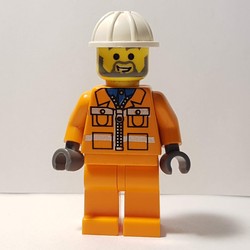 Garry - Construction Worker, Orange Jacket with Zipper and Reflective Stripes, Orange Legs, White Hard Hat, Beard
