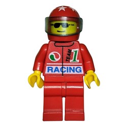 Racer, Red Jacket with Octan Logo and 'RACING', Red Legs, Red Helmet with Visor, Sunglasses