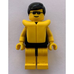 Man, Plain Black Swimsuit, Black Hair, Yellow Life Vest, Sunglasses