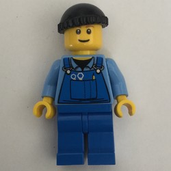 Man, Blue Overalls over Shirt, Blue Legs, Black Hat, Reddish Brown Eyebrows