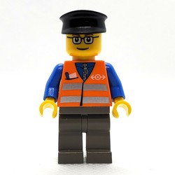 Train Worker, Orange Safety Vest with Train Logo, Dark Bluish Gray Legs, Black Hat, Glasses