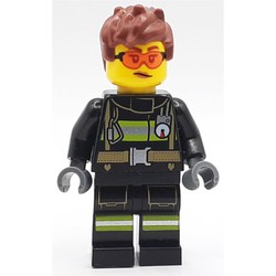 Firefighter, Black Fire Suit, Reddish Brown Hair, Orange Safety Glasses