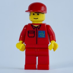 Postal Worker, Red Shirt with Horn Logo with Blue Background, Red Legs, Red Cap