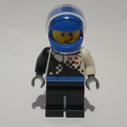 Racer, Black and White Jumpsuit, Blue Helmet with Visor, Scar