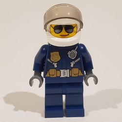 Policewoman, Dark Blue Jacket with Radio, Badge, and Belt with Pouches, White Helmet with Trans-Brown Visor, Sunglasses