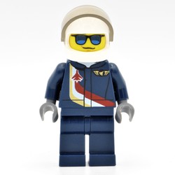 Pilot, Dark Blue Jumpsuit with Plane and Wings Badge, White Helmet with Visor, Blue Sunglasses