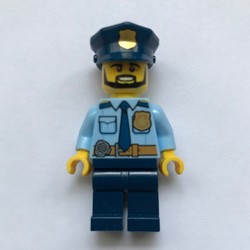 Policeman Captain Ember, Bright Light Blue Shirt with Radio and Badge, Dark Blue Legs, Police Hat with Badge, Beard