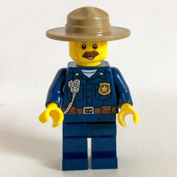 Mountain Police Chief, Dark Blue Shirt with Radio and Badge, Campaign Hat, Moustache