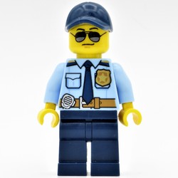 Policeman, Bright Light Blue Shirt with Dark Blue Tie, Badge, and Radio on Belt, Dark Blue Cap, Sunglasses