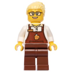 Barista, Woman, White Torso, Reddish Brown Apron, Bright Light Yellow Hair