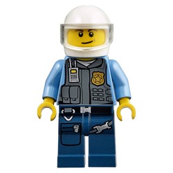 Policeman in Vest with Gold Badge, Radio, and Pockets. White Helmet with Trans-Clear Visor