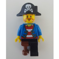 Pirate with Blue Jacket over Red and White Striped Shirt, Peg Leg, and Pirate Hat with Skull