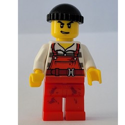 Criminal Joe Frankfurter, Red Overalls over Prison Shirt, Black Hat